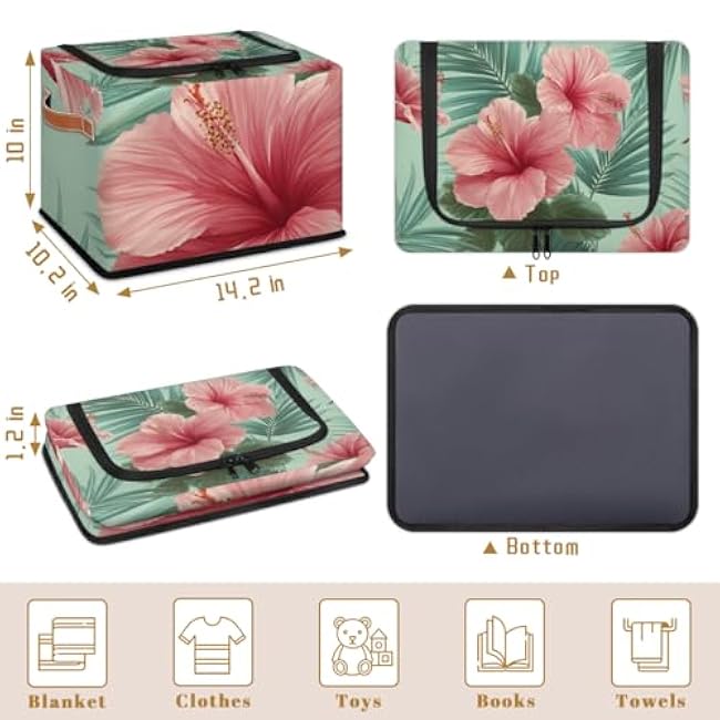 Storage Baskets with Lid Hibiscus Flower Palm Leaves Storage Bins Storage Box Collapsible Canvas Closet Shelf Basket Toy Book Clothes Organizer 2 pack
