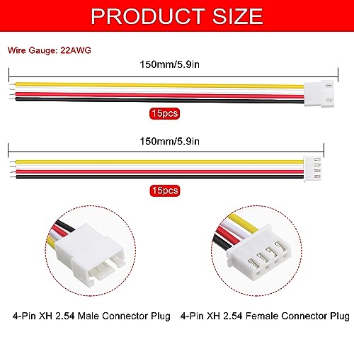 Lyeteung 15 Paar JST 2.54 XH 4 Pin Steckverbinder, Mini Micro JST XH 2.54 mm 4-Polige Buchse und Stecker mit 150mm 22AWG Kabeldraht