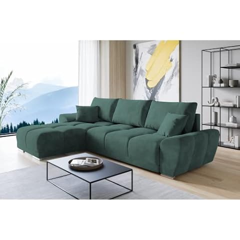 ML Furniture Velvet Ecksofa in L-Form - Grün Sofa - Couch mit Stauraum und Kissen - Ausziehbares Schlafsofa - Sofa mit Schlaffunktion - Schlafsofa mit Bettkasten - Gästebett - 289 x 189 cm Cover