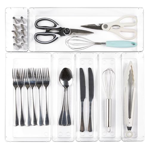Vtopmart 7 PCS Kitchen Drawer Organizer, 4 Size Clear Plastic Utensil Organizer, Silverware Flatware Organizer for Drawer, Cutlery Organizer Tray for Kitchen, Drawer Storage Bins for Makeup, Bathroom