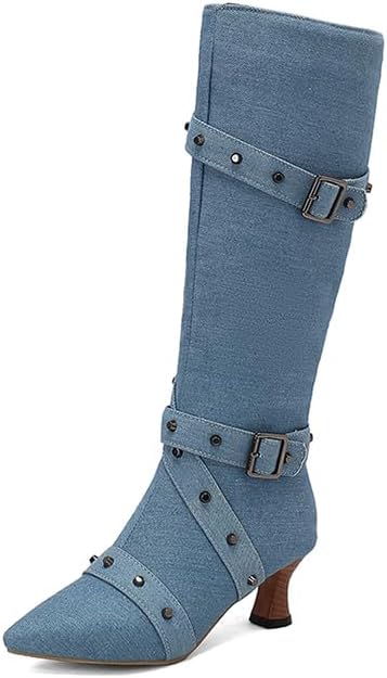Elbslutt Womens Knee High Boots Pointed Toe Kitten Heel Boots Side Zipper Tall Boots Long Boots Fashion Buckle Comfort Fall Winter Boot