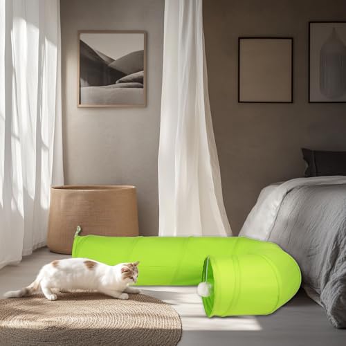 Image of Cat Tunnel, 2-Way Collapsible Cat Tube with Interactive Peek-A-Boo Hole, Toy Ball, and Rope - Ideal for Indoor Cats, Kittens, and Rabbits (Green)