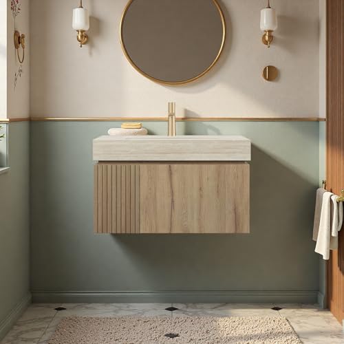 Image of 30 inch Bathroom Vanity with Sink, Wall-Mounted Plywood Bathroom Storage Cabinet with Ceramic Basin & Sintered Stone Countertop, Modern Pre-Assembled Floating Vanity with Drawer & Door, Oak