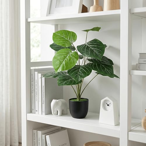 Image of Dekorly Plastic Artificial Palm Plants Leaves Faux Turtle Leaf Fake Monstera Tropical Large Palm Tree Leaves Outdoor Leaf Decorations | 26Inch Plants with Blackpot (Alocasia(White Lines Leaves))