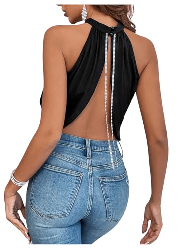 GORGLITTER Women's Rhinestone Open Back Halter Tops Sleeveless Wrap Crop Top Club Going Out Tops3