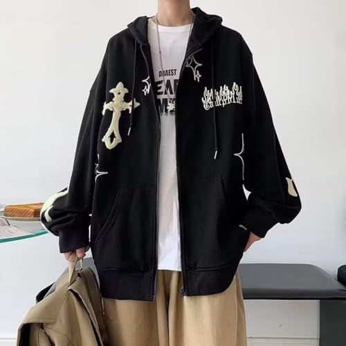 Pokn Flame Cross Print Y2K Oversized Hoodie - Graphic Zip Up Streetwear Pullover Loose Clothes2