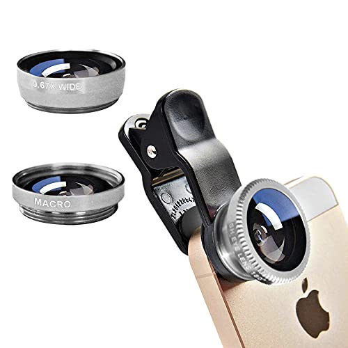 Silver 3 in 1 Cell Phone Camera Lens Kit Wide Angle Macro Fisheye Lens Universal for Smart Phones iPhone Samsung Android(Silver)