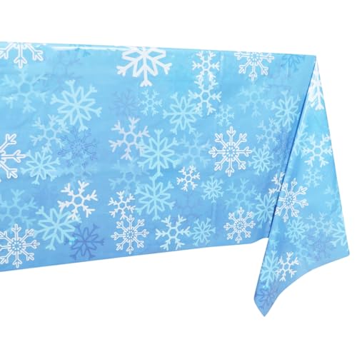 Image of BLUE PANDA 3 Pack Blue Snowflake Plastic Tablecloths for Christmas Party Supplies, 108 x 54 inch Rectangular Xmas Winter Holiday Snowy Table Covers, Fun Festive Christmas Party Decorations