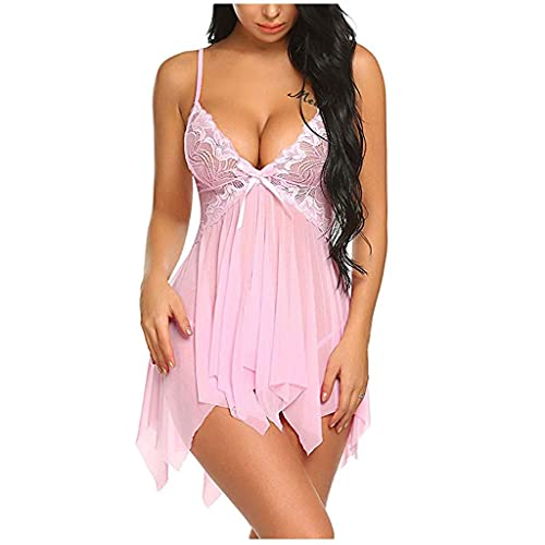 CHENSEN Lingerie for Women for Sex V-Neck Buckle Lace Mesh Nightdress with Thong Negligee Sexy Temptation Honeymoon Pajamas