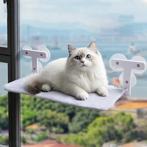 Katzen Hängematte Fenster 52x30cm, katzenbett Fenster Wendbare Matte Klappbar Katzenbett Fenster mit Stabil Saugnäpfe bis zu 18kg (Grau mit Flaum,...