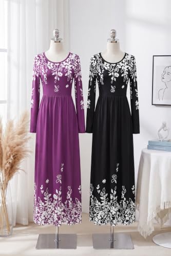 Image of AUSELILY Womens Long Sleeve Maxi Dress Casual Empire Waist with Pockets