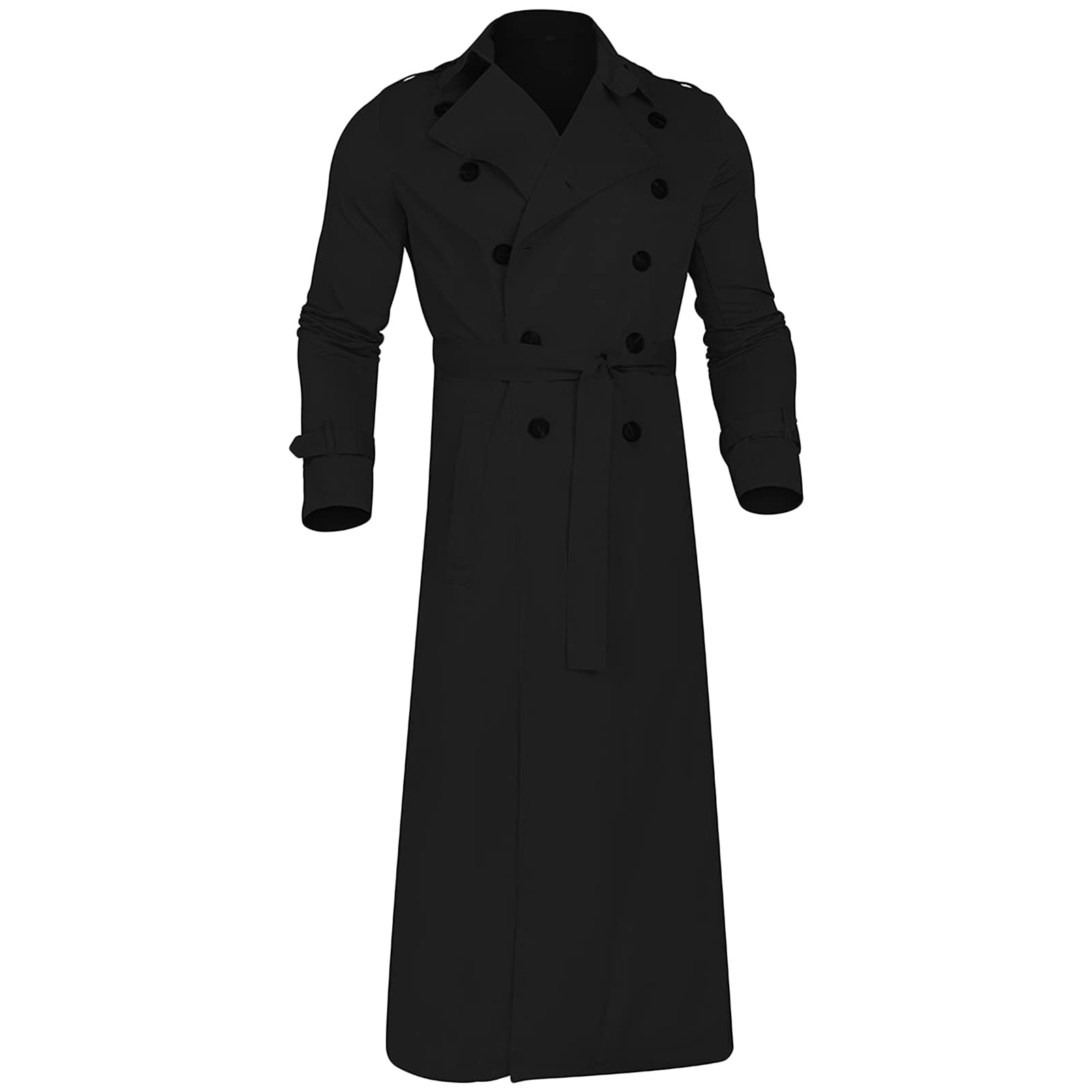 Maiyifu-GJ Mens Lapel Double Breasted Trench Coat Stylish Slim Fit Long Belted Windbreaker Casual Windproof Peacoat Overcoat (Black,Large)
