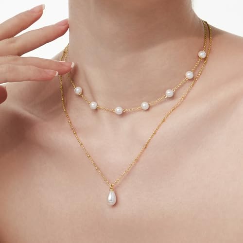 Cicy Bell Womens 18k Gold Plated Necklace Double Layered Teardrop Shell Pearl Delicate Trendy Pendant Necklace Gifts 17.7'' with 2'' Extender4