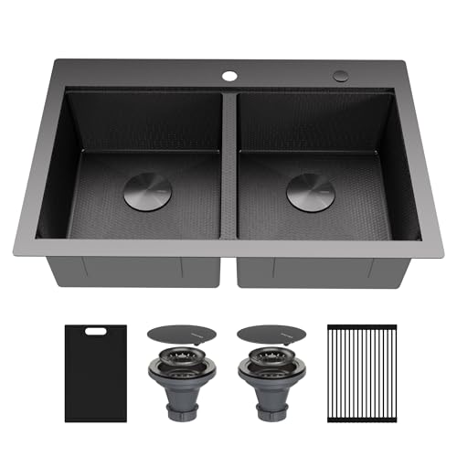 Image of Karran Matrix 33 inch Top Mount Workstation Kitchen Sink, Double Bowl, 16 Gauge Stainless Steel, Gunmetal Grey, Includes Cutting Board, Drying Mat & Basket Strainers