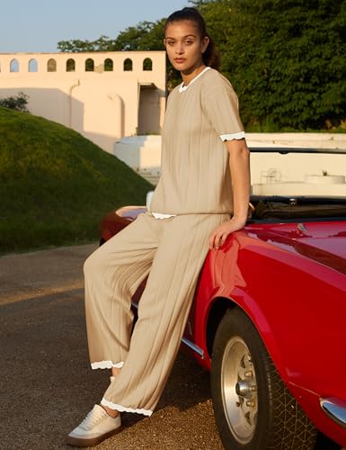 Image of Lumister Two Piece Sets for Women Sweater Sets Short Sleeve Knit Pullover Tops Wide Leg Pants Lounge Sets