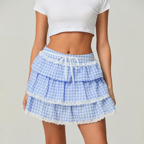 Gingham Mini Skirts for Women Y2K Bow Plaid Ruffle Flowy Layered Short Skirt Cute Boxer Cosplay Party Streetwear2