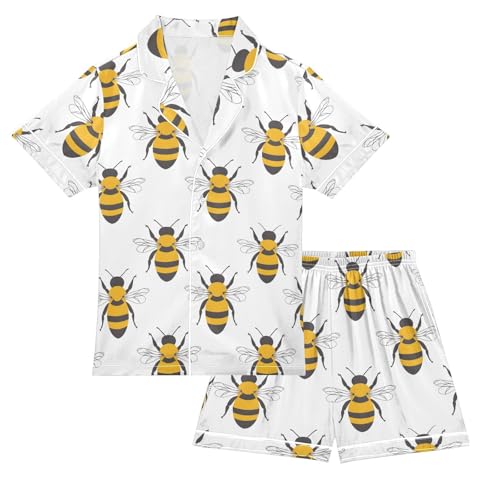 ALAZA Bee White Cartoon Stylish Satin Pajamas Set Short Sleeve Button Down Sleepwear Summer Pjs 2 Piece