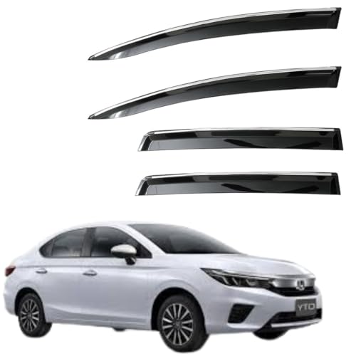 Image of CAR SAAZ Unbreakable Chrome Smoke Door Visor for City (2020-2023) | Premium Sun, Rain Wind Deflector Chrome Strip Side Door Rain Visor - Set of 4 Pcs