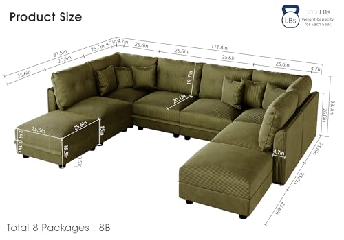 Image of LLappuil 112 inch Modular Sectional Sofa with Storage Seats, U-Shaped Corduroy Couch with Reversible Chaise, Heavy Duty Scratch Resistant 8-Piece Sofa for Living Room, Includes 8 Pillows, Green