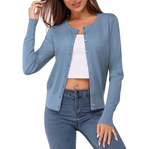 Newshows Women's Solid Button Down Long Sleeve Classic Crew Neck Knit Cardigan Sweater Cover