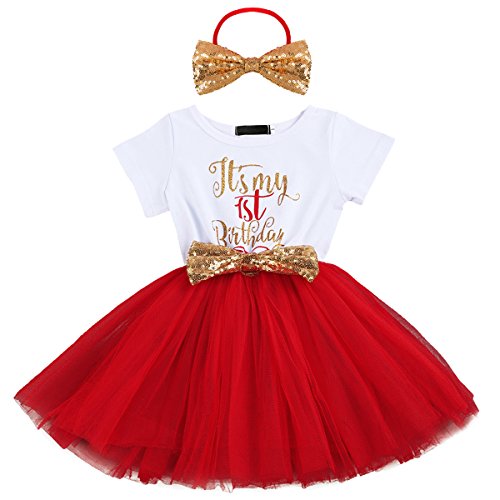 Baby Girls Newborn Christmas Birthday Party Cake Smash Princess Dress up Bowknot Sequin Tulle Tutu Dance Ball Gowns Red One Year+ Gold Headband