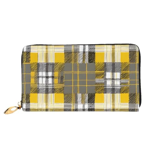 (Yellow Gray Black Plaid) Faux Leather Wallet Long Clutch Zipper Purse Card Holder Travel Coins Cash Organizer Phone Pocket 7.48 x 4.13 x 0.9 inches