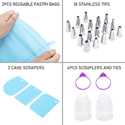 Piping Bags And Tips Set, Cakes Decorating Kit Supplies With 2 Reusable Pastry Bags, 18 Frosting Tips, 2 Couplers, 2 Bag Ties, 3 Cake Scraper, Cake Decorating Tools For Cookie Icing #TOP1