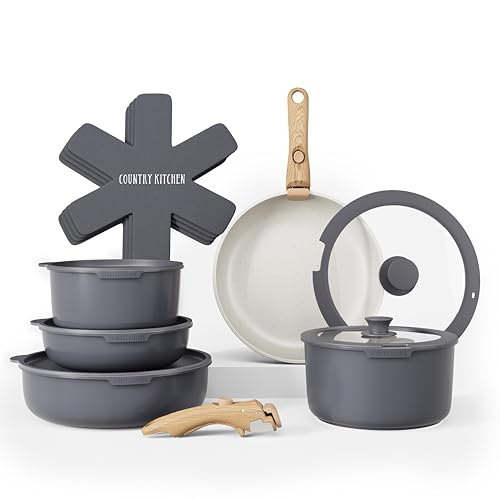 Country Kitchen 16 Piece Pots and Pans Set - Safe Nonstick Kitchen Cookware with Soft Touch Wooden Removable Handle, RV Cookware Set, Oven Safe (Grey)