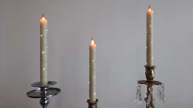 Image of 3 Pack Ivory Dripping Wax Flameless Candles, Realistic Dynamic Flame LED Taper Candles with Surrounding Fairy String Lights, Remote Control Battery Operated Candles for Home Wedding Holiday Decor