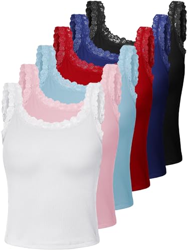 Image of Hicarer 6 Pieces Lace Camisole Tank Tops Lace Trim Camisole Straps Womens Cami Undershirt Ribbed Tank Tops for Women