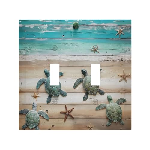 Decorative Light Switch Cover Plate Turtle Starfish Beaches Blue Wood Plank 2 Gang Wall Plate Oversized Double Toggle Two Switch Wall Cover Plate Dual Device Faceplate