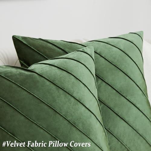 Image of GIGIZAZA Decorative Velvet Pillow Covers 18x18, Set of 2 Olive Green Sofa Couch Throw Pillows Covers Cases, Living Room Square Cushion Accent Stripe Covers