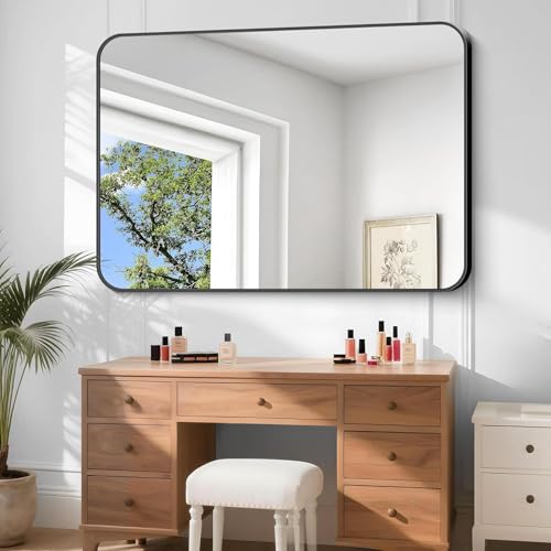 Image of Large Bathroom Mirror, 60 x 40 inch Black Rectangle Mirror, Metal Framed Rectangular Vanity Mirror, Rounded Corner Wall Mounted Mirror for Over Sinks Bedroom Living Room Horizontal /Vertical