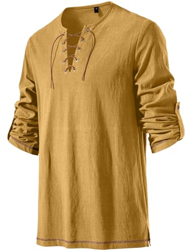 Image of JEMITOP Men's Pure Cotton Vintage Lace Up Shirts for Pirate Renaissance Viking Medieval Costume Without Belt