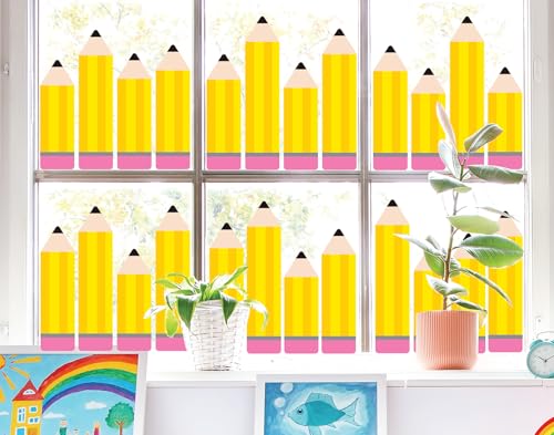 Image of Whaline 9 Sheet Pencil Window Clings Back to School Yellow Pencil Reusable Window Decals for First Day of School Playroom Home Nursery Classroom Decor