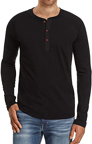 Sailwind tee Shirt Mens Algodón Henley Camiseta Cuello Redondo Manga Corta Cuello Tunecino Botones para Hombre (Negro, M)