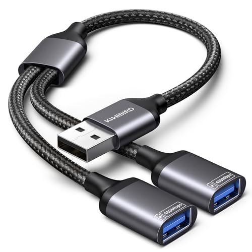 KiWiBiRD USB Splitter 1 zu 2, USB Doppelstecker Y Kabel Verteiler 1 auf 2 Adapter, Dual Port Erweiterung Ladekabel für Strom und Daten Mini HUB Kompatibel mit PC Laptop Mac PS5 Tastatur Mäuse