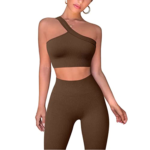 Women 2 Piece Workout Outfits Sports Tops Seamless Leggings Yoga Gym Activewear Tracksuits Set