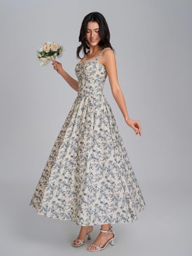 Image of KUTUMAI Women Summer Corset Midi Floral Wedding Guest Dresses with Pockets | Lace Neck, Smocked Back, Flowy A Line Sundress for 2026 Engagement Photoshoot Bridal Shower Garden Party