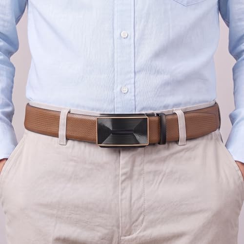 Image of THE MEN THING Mens 100% Genuine Leather Belt - SIGNORA Micro-Grain, RYZOR Chevron Auto-Lock Buckle (Brown & Black Reversible)