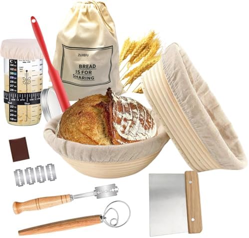 Bread Proofing Basket, Sourdough Bread Baking Supplies, Round 9 Inch Sourdough Starter Kit, Proofing Basket for Bread Baking, Bread Making Supplies Tools, Banneton Basket Gift Set