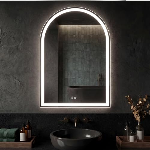 Image of NEWBULIG 28X36 Inch Arched LED Bathroom Wall Mirror with Lights, Light up Vanity Bathroom Mirror for Over Sink, Anti-Fog and Dimmable, Front Light and Backlit, Memory Function, Shatter-Proof, White