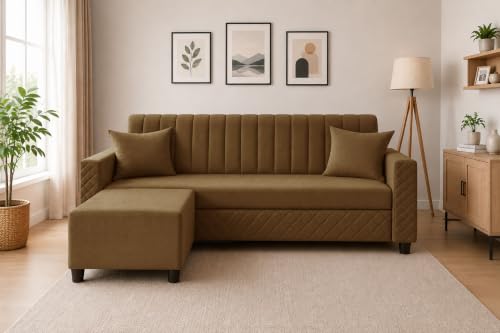 Image of 3 Seater Velvet Sofa with Ottoman | Modern Upholstered Couch | Quilted Design | Soft Comfortable Seating | Sturdy Wooden Frame | Living Room, Office - Golden