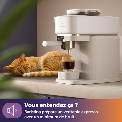 Philips Baristina Machine à expresso - Un véritable expresso, en toute simplicité - Compacte - 16 bars de pression - Broyeur intégré - Machine blanche avec porte-filtre en bois de frêne (BAR302/20)
