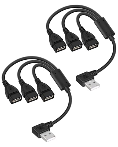 Left Angle USB Splitter 3 Port USB 2.0 Hub,90 Degree USB A 1 Male to 3 Female Y Splitter Cable Support Charging & Data Transfer for PC,Laptop,Keyboard(0.3M,2 Pack)