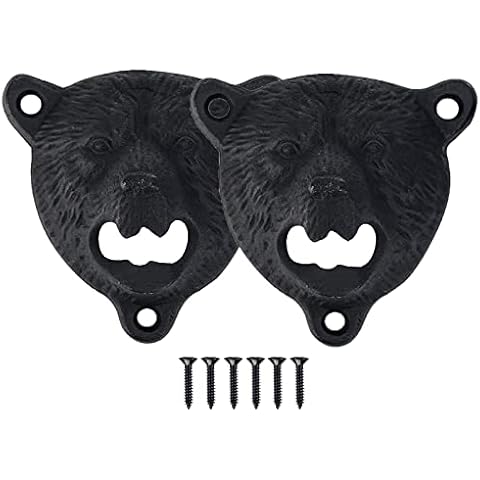 2 Pack Outdoor Bottle Opener Black, Wall Mounted Cast Iron Grizzly Bear Head Teeth Bite Bottle Opener for Beer and Sodas with Screws, HOME MASTER HARDWARE Cover