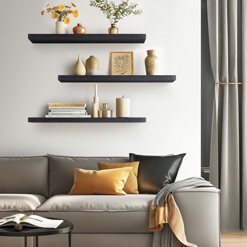 Image of BAYKA Floating Shelves for Wall, 36 inches Long Wall Mounted Rustic Wood Shelves for Bathroom, Bedroom, Living Room, for Book /Storage /Decor with 30lbs Capacity - Black,Set of 3