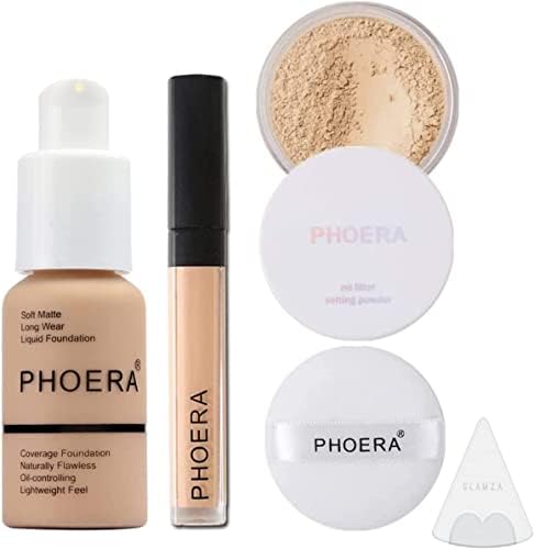 Glamza Full Coverage Makeup Set with Foundation (102 Nude), Concealer Stick (102 Neutral), Setting Powder (Cool Beige), Make Up Pad & Sponge - Complete Face Cosmetics Kit for Women