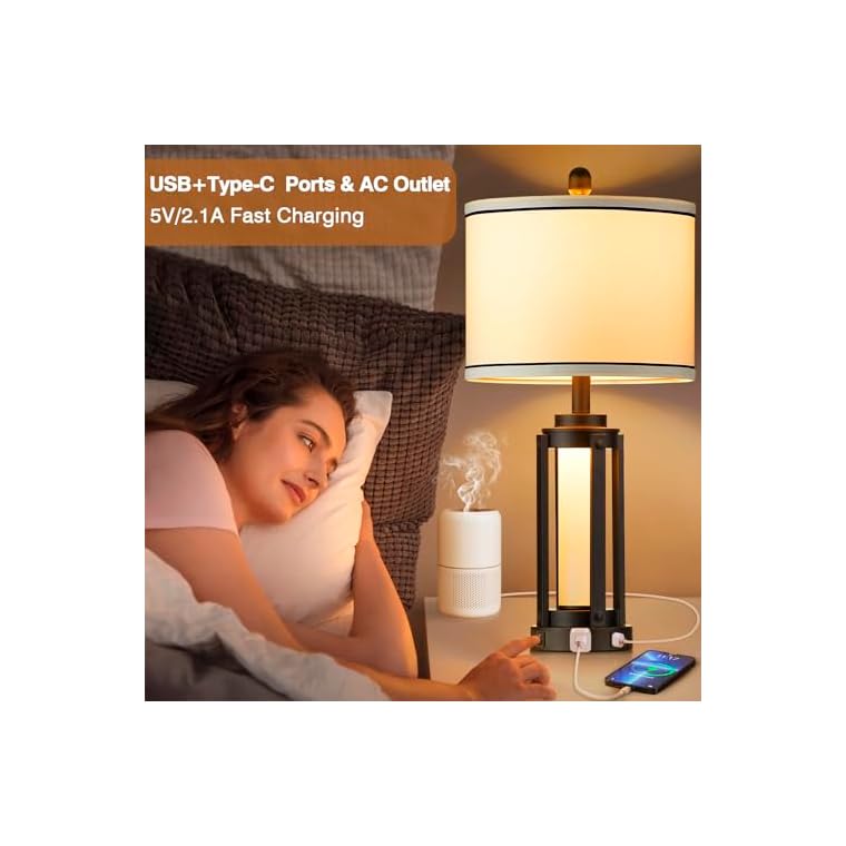 25" Modern Table Lamps Set of 2, Industrial Beside Lamps with USB A+C Charging Ports & AC Outlet, Nightstand Lamp with Glass Night Light for Living Room Bedroom End Table Decor White(4 Bulbs Included) - Image 5