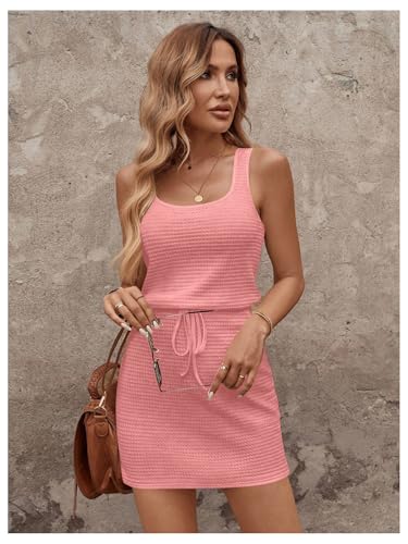 Image of RoseSeek Women's Waffle Knit Belted Tank A Line High Waisted Dresses Square Neck Sleeveless Summer Short Dress